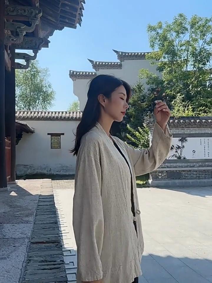 Johnature Camicia da donna autunnale vintage con cuciture tinta unita, scollo a V, in lino, maniche lunghe larghe