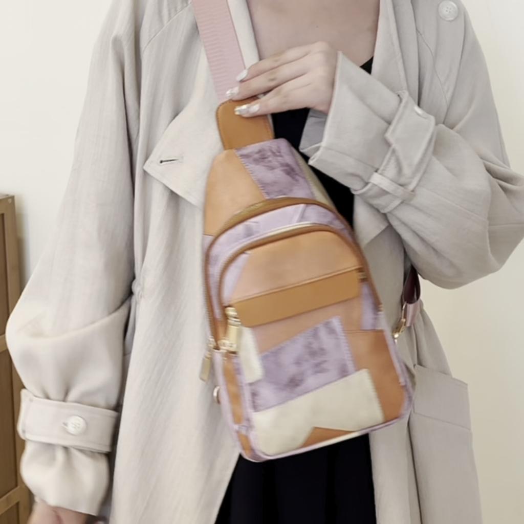 Soft Leather Large Capacity Chest Bag Women's Travel Multi-Functional Stitching Shoulder Bag