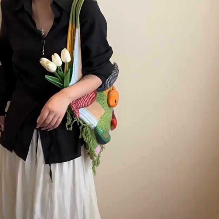 Yogodlns Fashion Creative Woven Shoulder Bag Handmade Fish Handbag Large Capacity Beach Bag Color Matching Ladies Underarm Bag