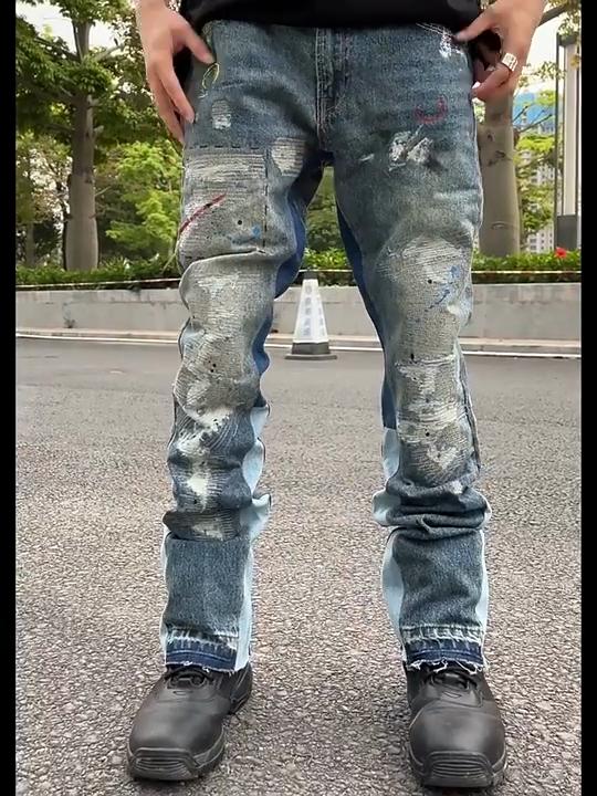 Blue Washed Destroyed Flared Jean Pants Hip Hop Graffiti Ripped Denim Jeans Men Streetwear Vintage Wide Leg Jeans