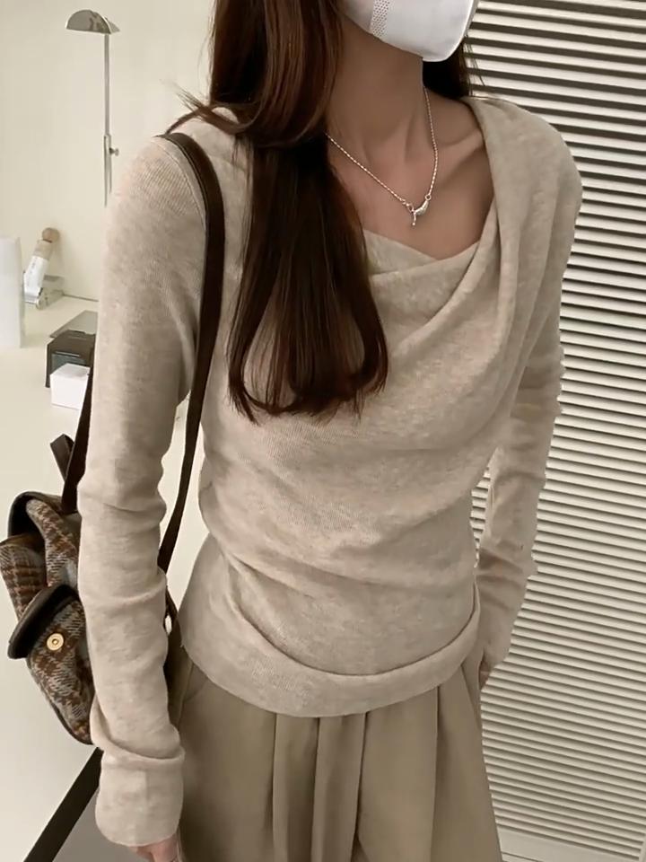 French Swing Collar Long Sleeve Bottoming Sweater Women's Autumn Side Pleated Waist Diagonal Shoulder Sweet Spicy Inner Top