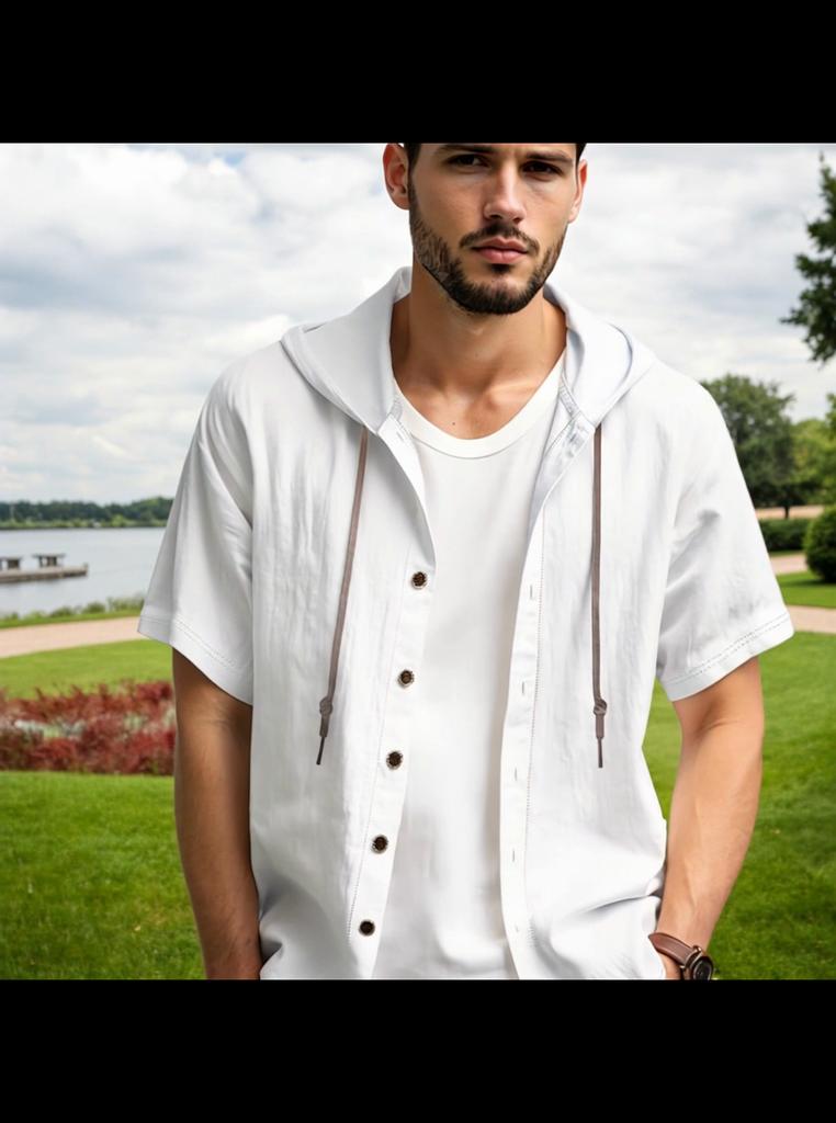Men's Hooded Shirt Cotton Linen Breathable Lightweight Summer Short Sleeve Solid Color Stylish Shirts Male Casual Top