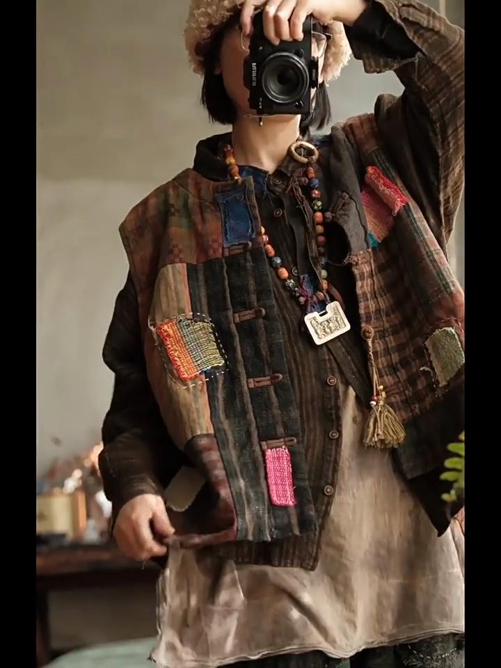 Johnature Women Vintage Winter Coats Patchwork Patch Color O-Neck Button Chinese Style Female Coats