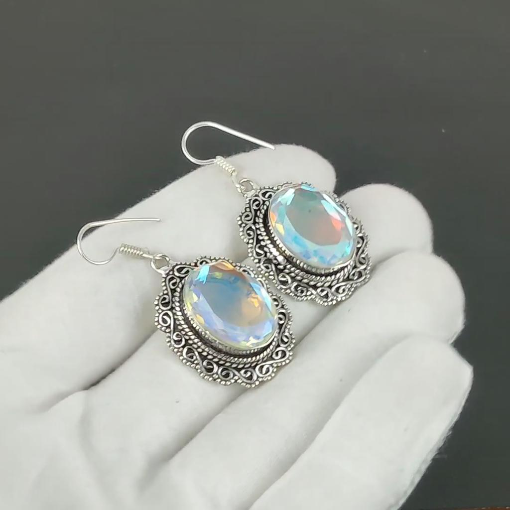 Mystic Topaz Gemstone Earrings, 925 Sterling Silver Earrings, Silver Earrings For Gift, Mystic Topaz Dangle Drop Earrings For Anniversary Gifts