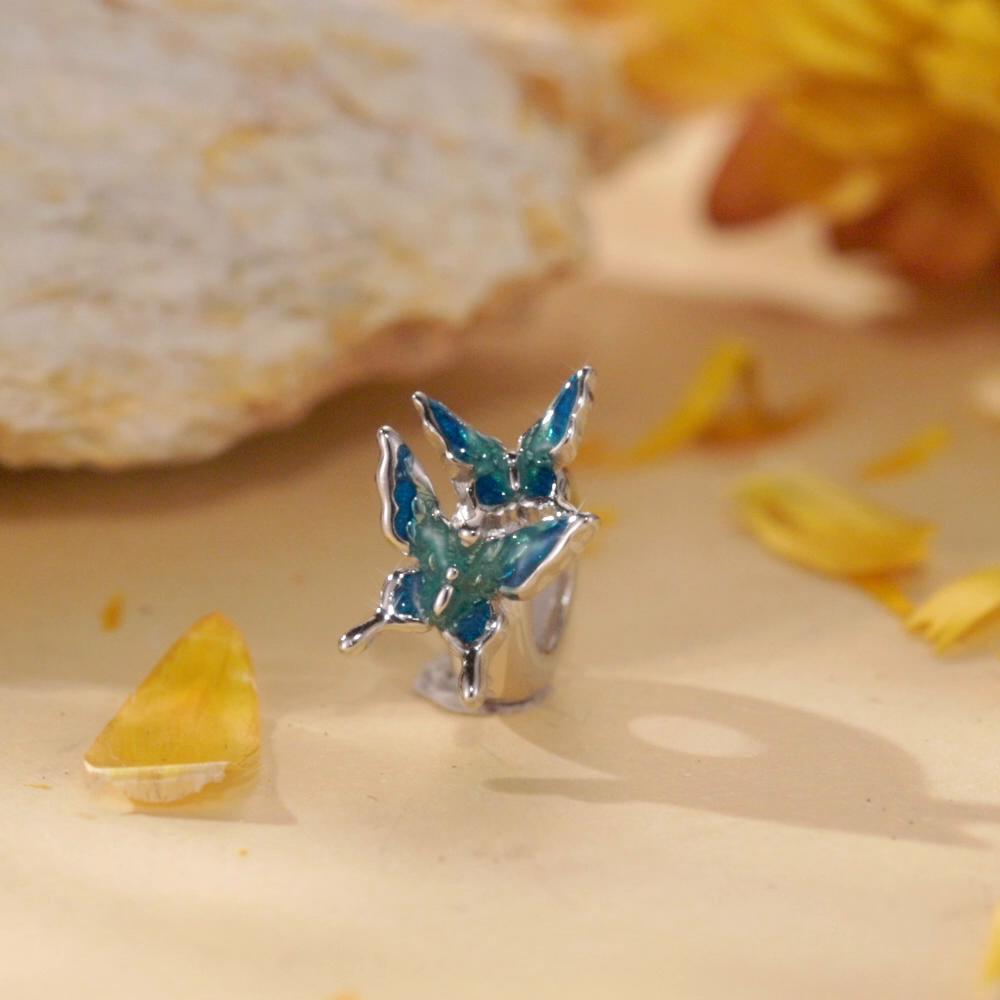 Bamoer Ciondoli a forma di farfalla con perline di fiori e uccelli in argento sterling 925 per donna Gioielleria originale con processo di smalto per bracciale e braccialetto