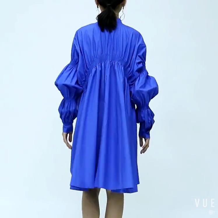 Johnature Fashion Streetwear Blue Pleated Loose Irregular Dresses Women Autumn O-neck Solid Color Dress