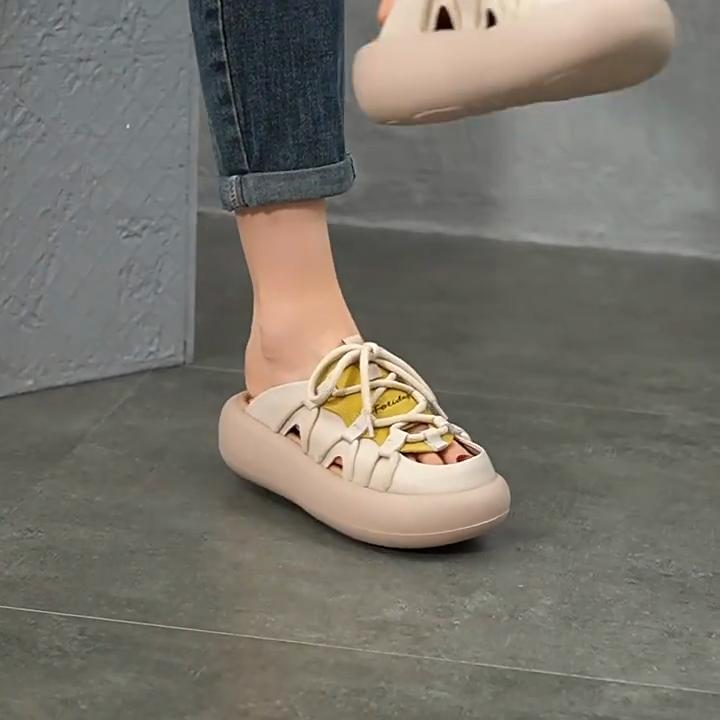 Johnature Casual Lace Up Genuine Leather Outdoor Platform Slippers Thick Soled Peep Toe Women's Shoes