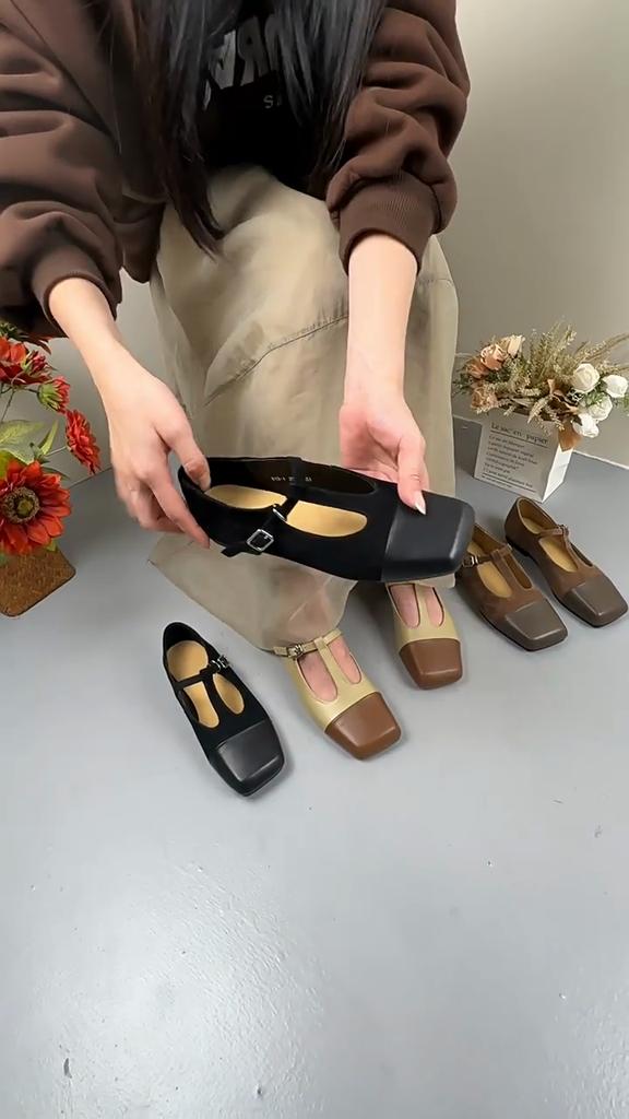 Johnature Square Toe Buckle Shallow Fashion Pumps Allsidig ekte skinn kvinner lave hæler sko