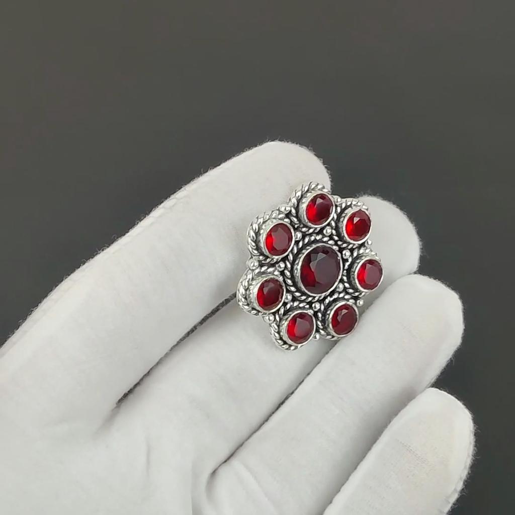 Beautiful Red Garnet Gemstone Handmade 925 Sterling Silver Ring - Bohemian Jewelry Ring - Handmade Boho Flower Jewelry for Women & Men, Gifts For Mom