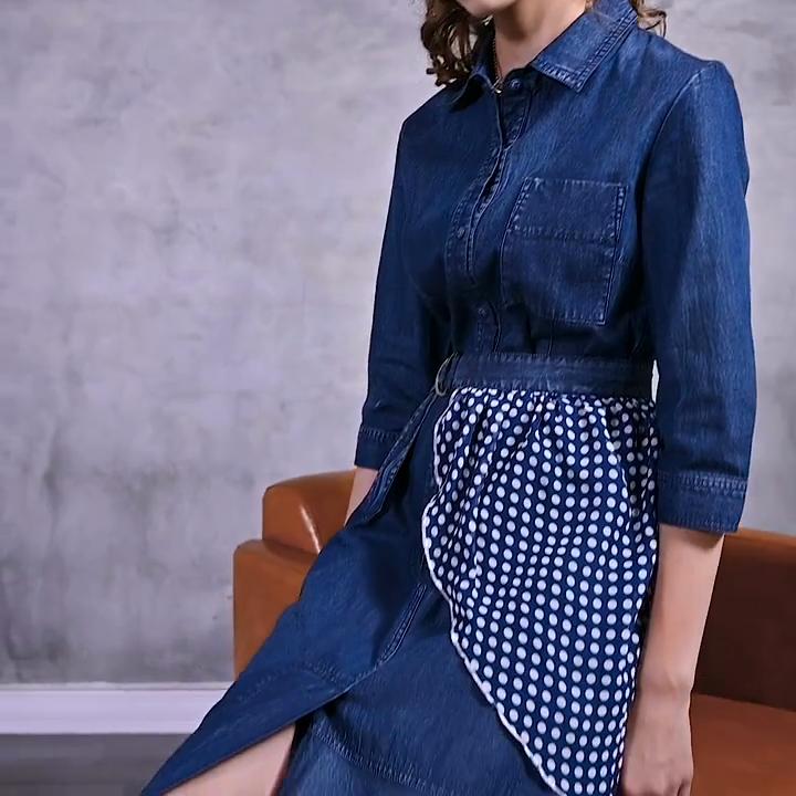 Johnature Women Denim Dresses Autumn Button Turn-down Collar Female Vintage Dress
