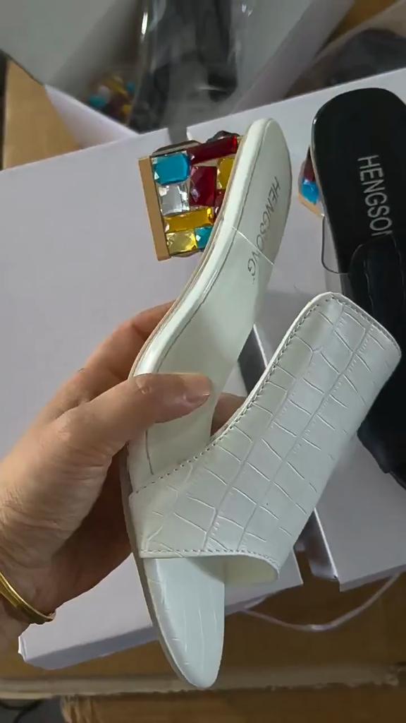 Women's Summer PU Leather Mules Sandals, Chunky Heel Rhinestone Slippers, Fashion Comfort Sandals for Party, Plus Size Available