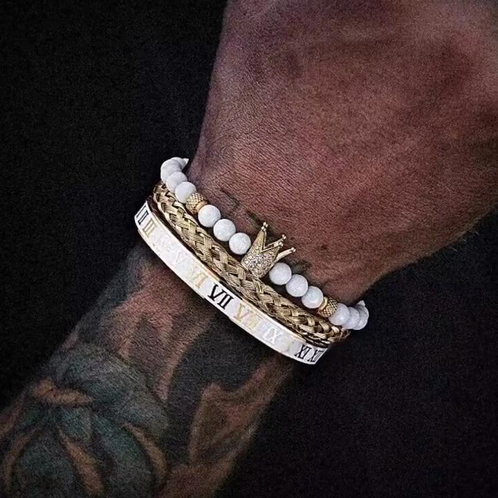 Mens And Womens Stainless Steel Skull Bracelets With Roman Numerals And Crown Motif