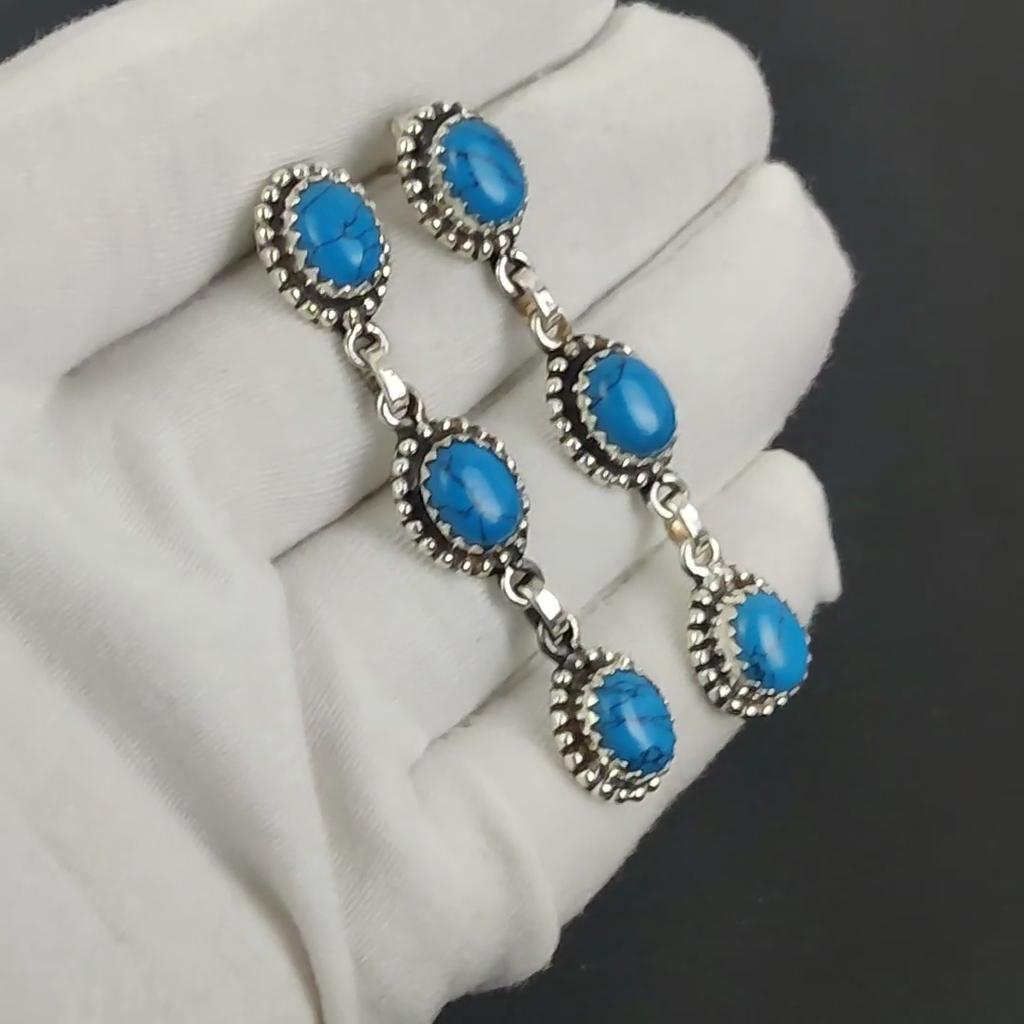 Natural Blue Turquoise Gemstone Earrings, 925 Sterling Silver Earring, Handmade Boho Silver Jewelry Dangle Earrings, Thanksgiving Gift