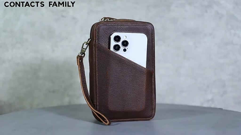 Genuine Leather Phone Cable Storage Bag Zipper Portable
