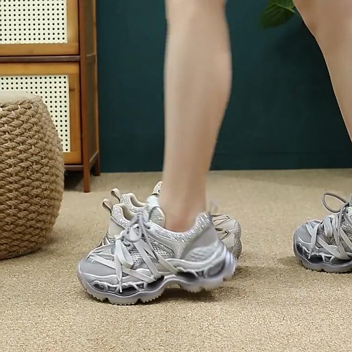 Johnature Breathable Mesh With Diamond Studded Fashionable Women's Sports Lace-up Platform Shoes