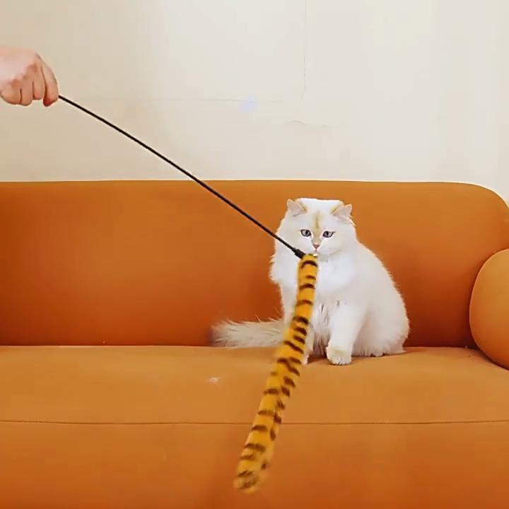 Katzenspielangel mit langem Schwanz, Interaktives Kätzchenspielzeug für drinnen & gegen Langeweile