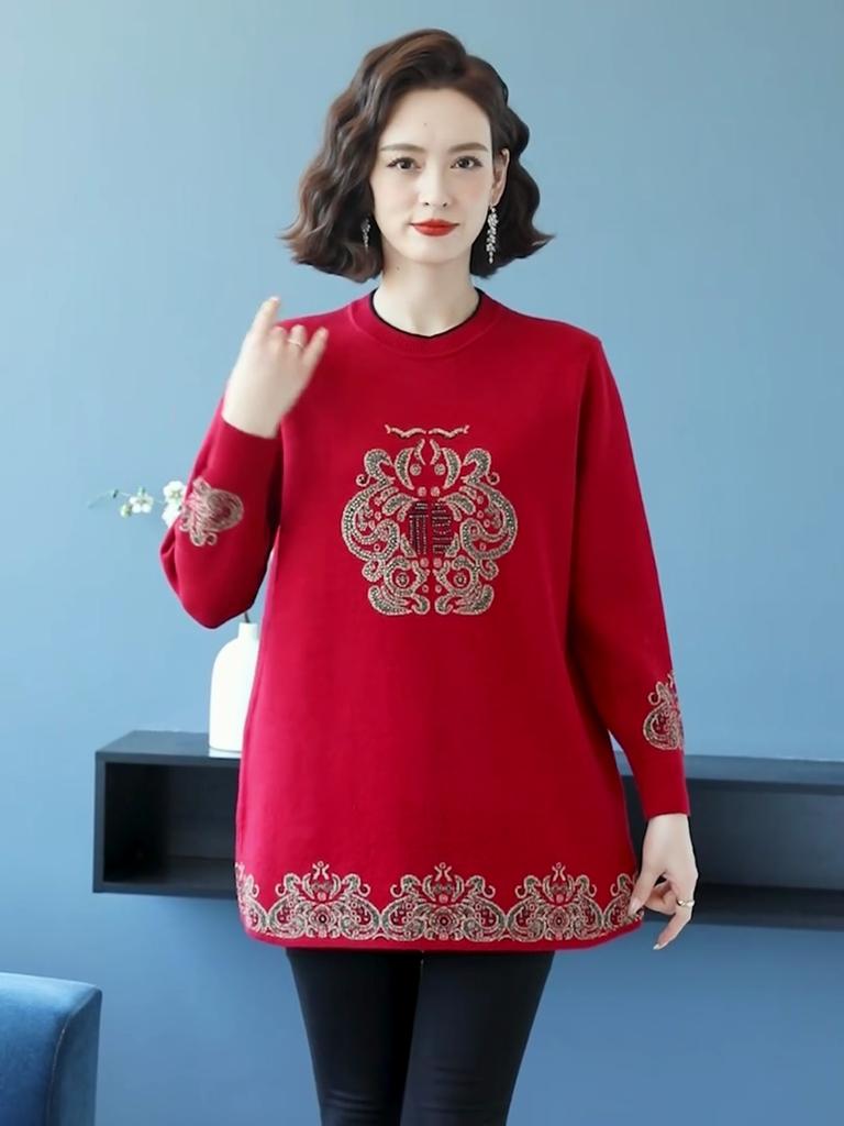 Fall Winter Women's Thick Crew Neck Wool Sweater Loose Rhinestone Embroidered Plus-size Sweater Soft Skin-friendly Knitted Stretchy Pullover Top