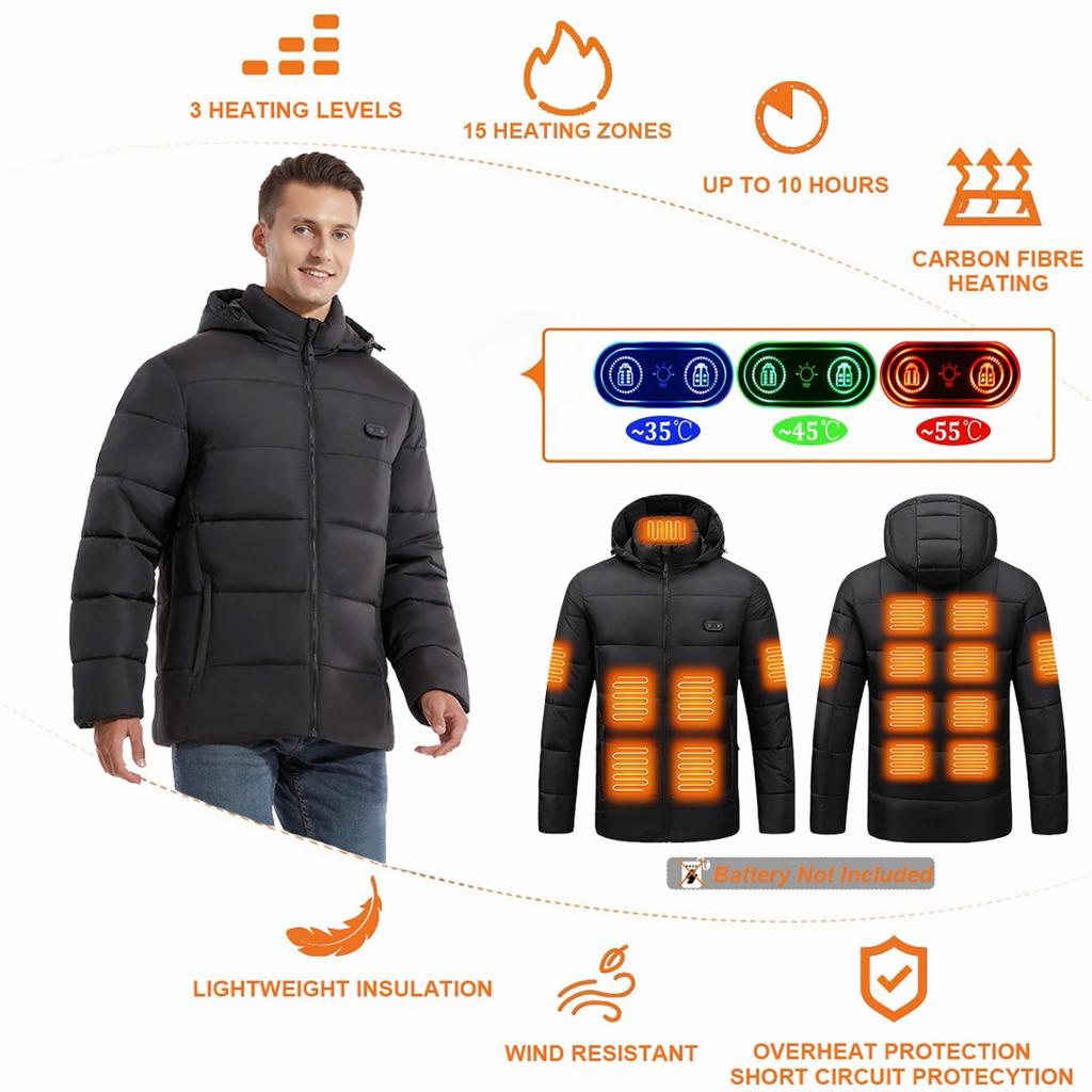 Mens Womens Heated Jacket Winter Outdoor USB Vest 15 Heating Pads 3 Temperature Settings Battery Not Included
