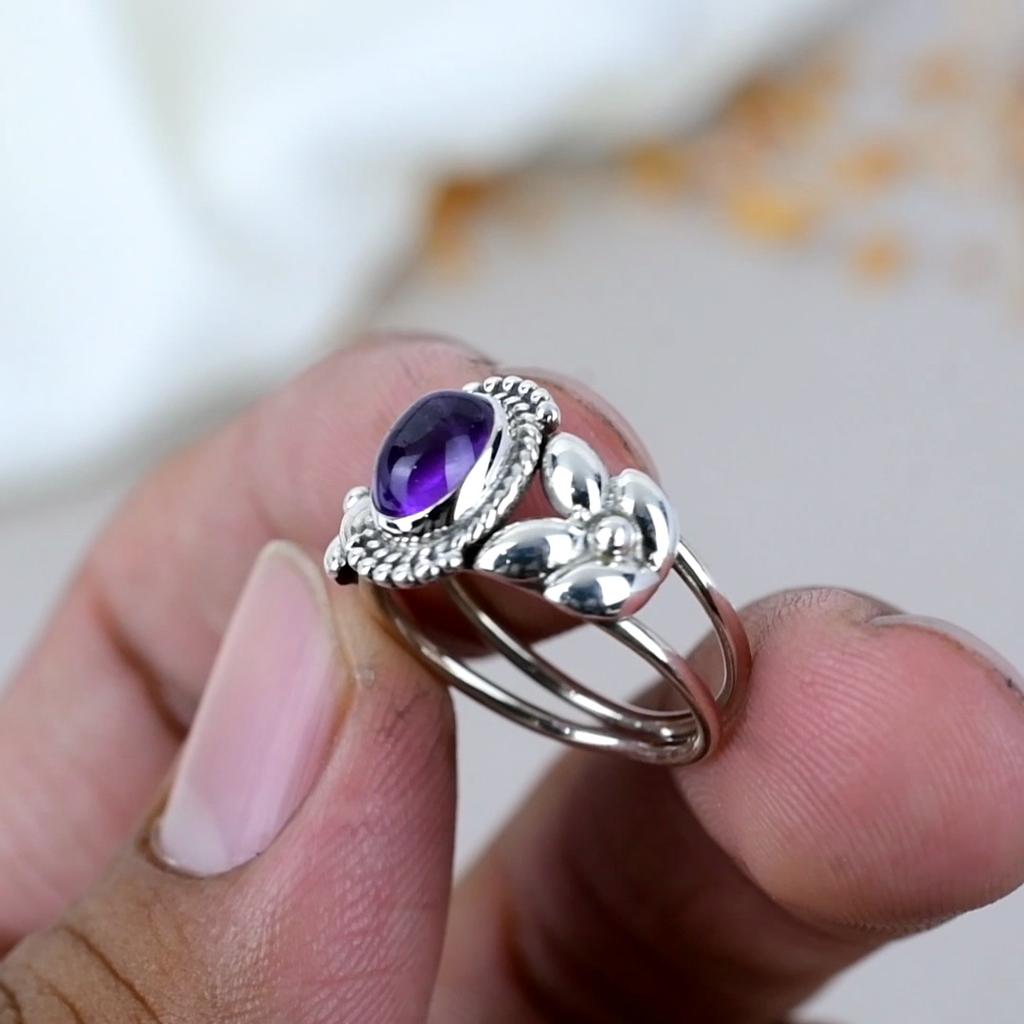 925 Sterling Silver Amethyst Oval Shape Purple Gemstone Ring For Women
