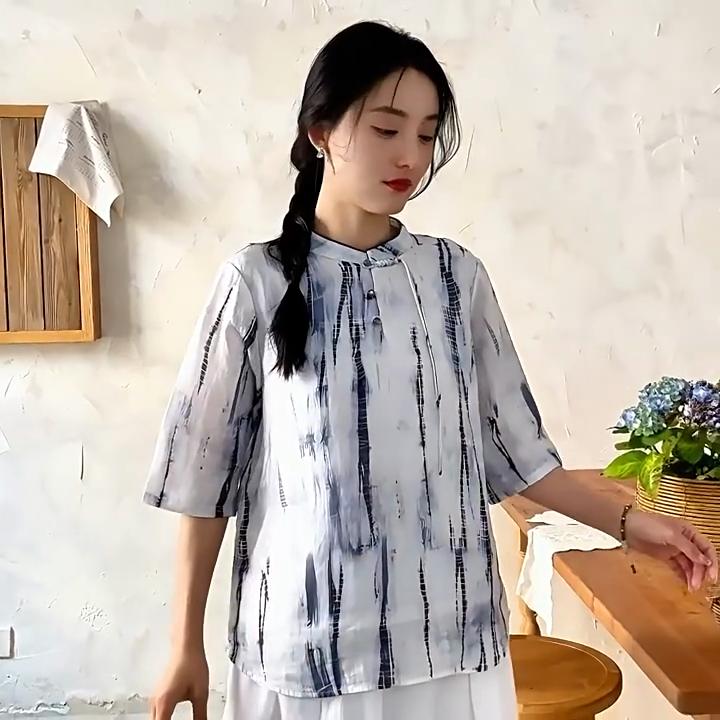 Johnature T-shirt a righe da donna Manica corta estiva Stile cinese Abbigliamento da donna Bottoni T-shirt vintage