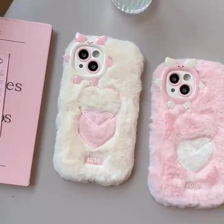 Fall/Winter Cartoon Pig Lens Frame Plush Phone Case for iPhone 15 14 13 12 11 Pro Max All-inclusive Fall Protection Cover