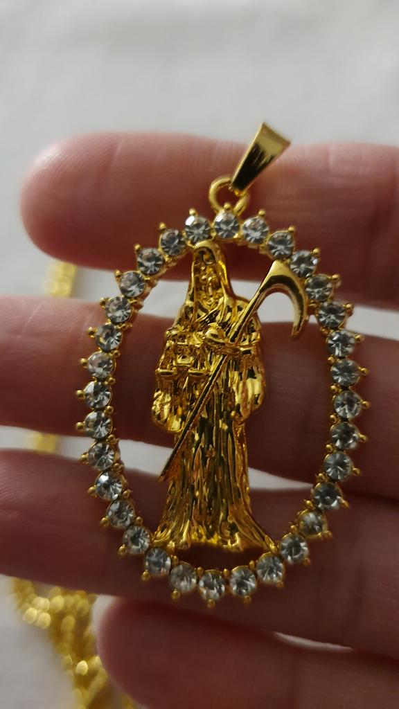 Red Holy Death Pendant & Necklace Gold Flled Santa Muerte Rojo Y