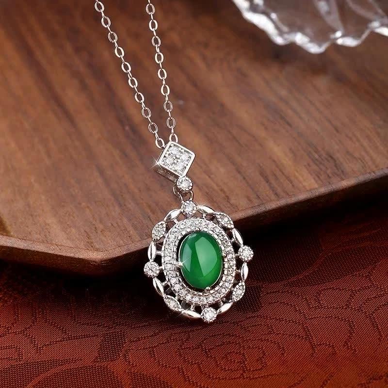 S925 Sterling Silver Natural Dangerous Material Jadeite Necklace Retro Fashion Light Luxury Egg Surface Hollow Collarbone Chain Advanced Design Sense