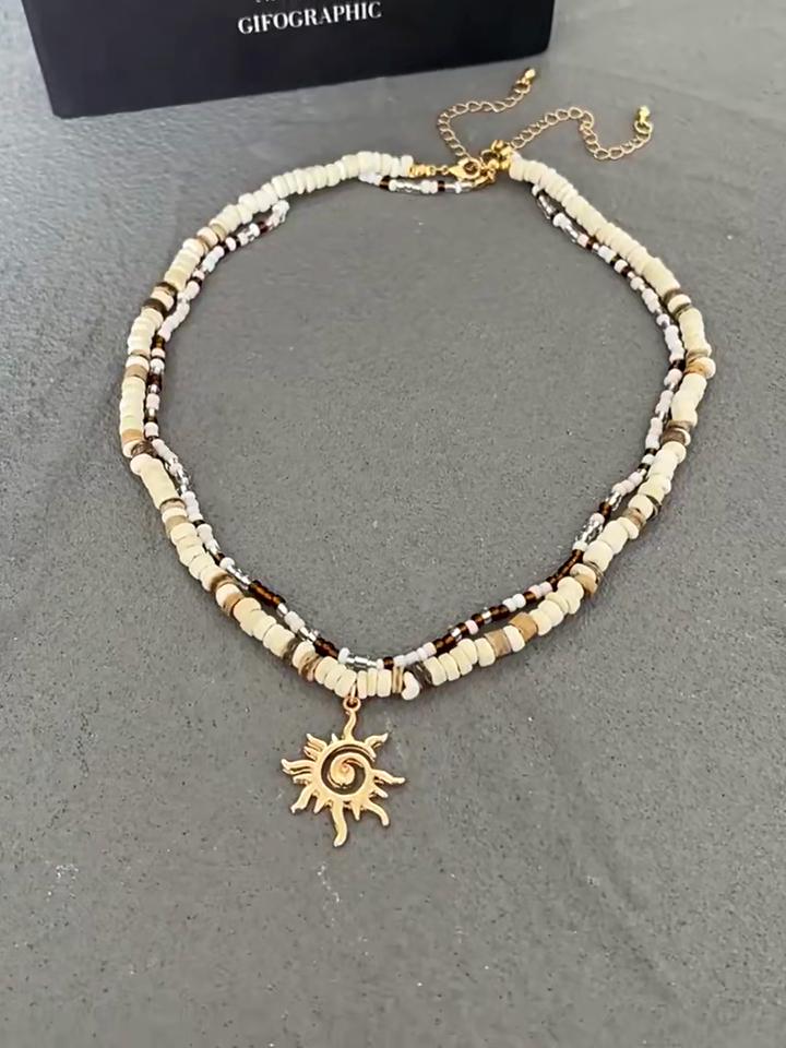 Ingemark 2 szt./zestaw Boho naszyjnik z koralików i drewnianego łańcuszka dla mężczyzn, kołnierz Goth, wisiorek słonecznik, choker, estetyczna biżuteria Y2K, prezent