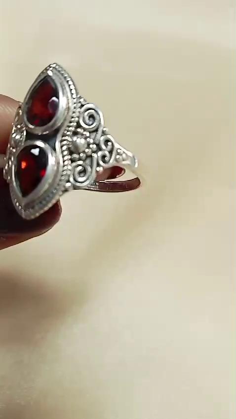 Biżuteria srebrna Charm, pierścionek z granatem, biżuteria modowa, pierścionek ręcznie robiony, biżuteria srebrna