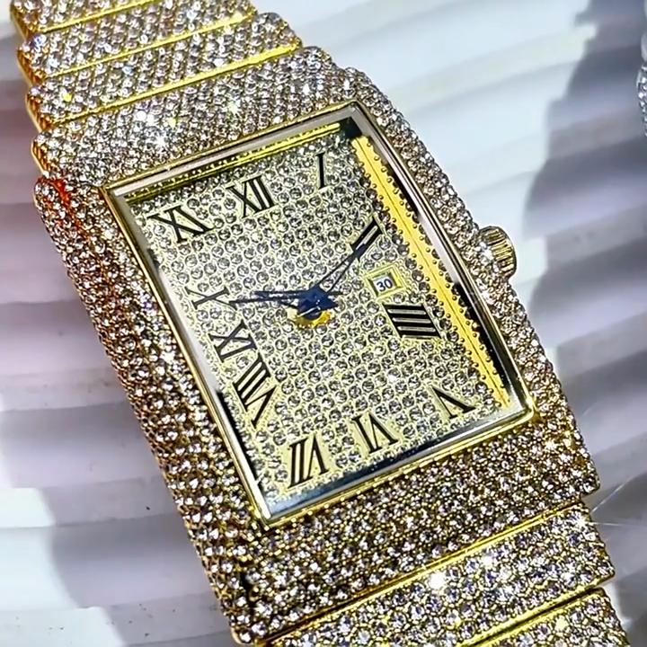Damski Kwadratowy Zegarek z Diamentami Bling Iced Out Kwarcowy Zegarek na Rękę Cyfry Rzymskie Wodoodporny Modne Zegarki dla Mężczyzn