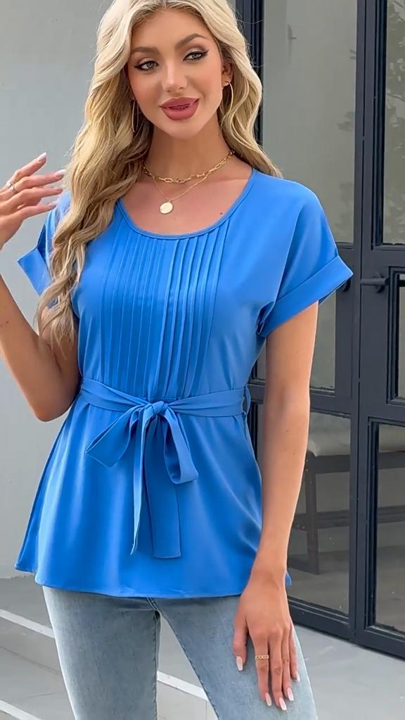 European and American Fashion Spring and Summer Casual Shirt Ruffled Round Neck Women's Short-sleeved Top