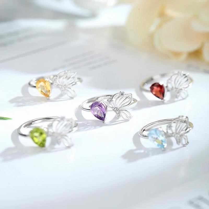 S925 Sterling Silver Butterfly Crystal Open Ring, Adjustable Natural Stone Band, Elegant Dainty Jewelry for Women, Daily Wear & Gift