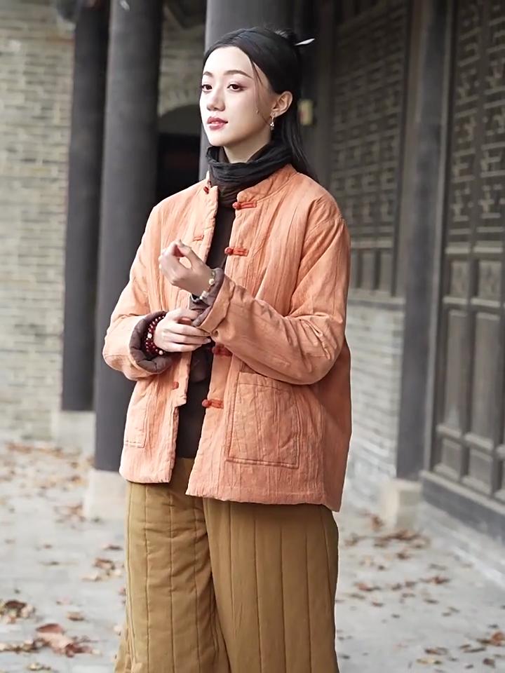 Johnature Chinese Style Winter for Women Stand Button Pockets Coats Winter Tie-dye Vintage Warm Coats