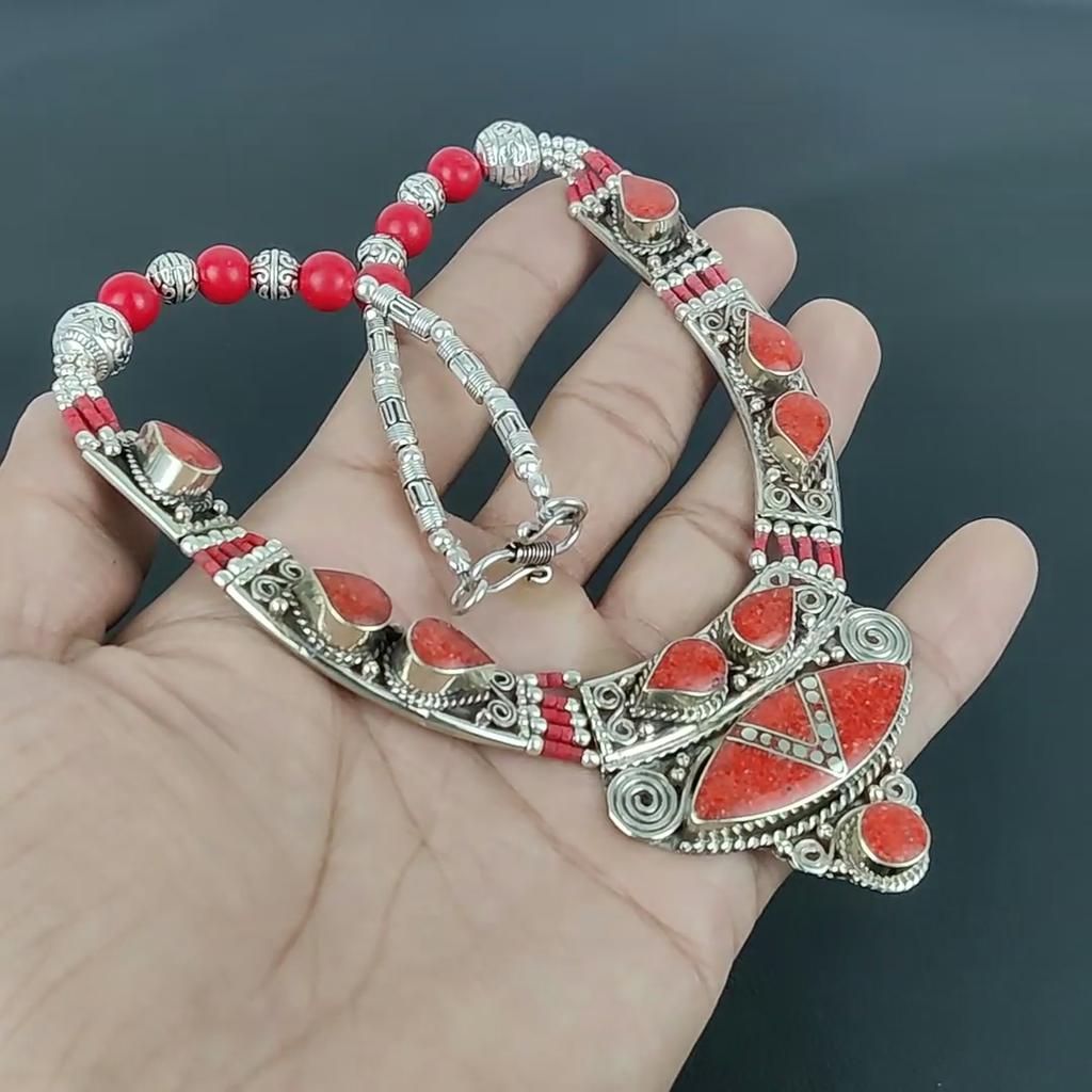 Red Coral 925 Sterling Silver Necklace Tibetan Silver Necklace Bohemian Antique Necklace Handmade Jewelry Nepali Necklace Gift For Wife