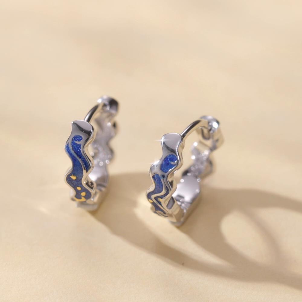 BAMOER 925 mincovní stříbro Van Gogh's Starry Sky náušnice Modré smaltované kruhové náušnice pro ženy Dárek k narozeninám Jemné šperky