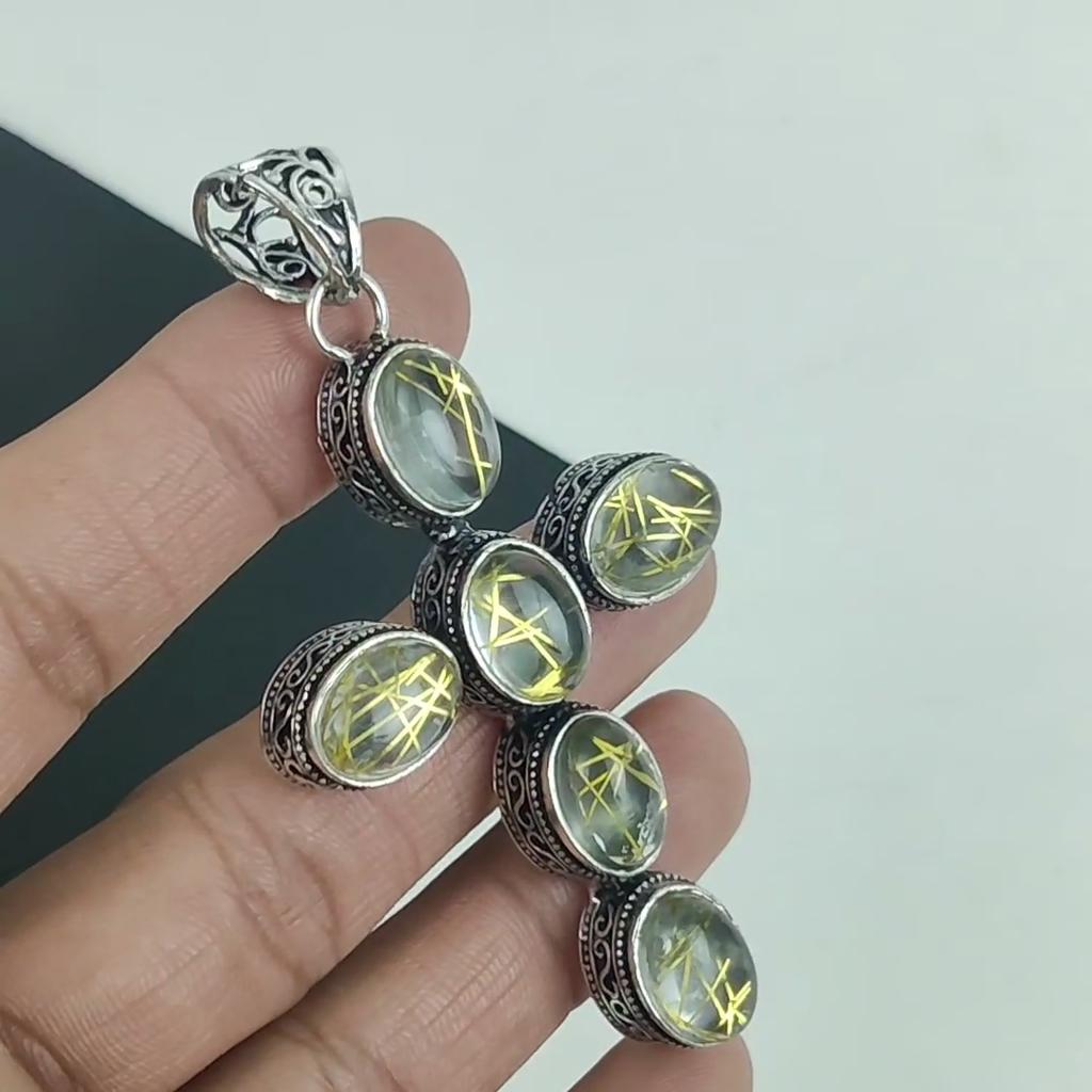 Golden Rutile Gemstone Pendant 925 Sterling Silver- Handmade Cross Design, Everyday Wear Jewelry, Unique Golden Rutile Pendant Gifts