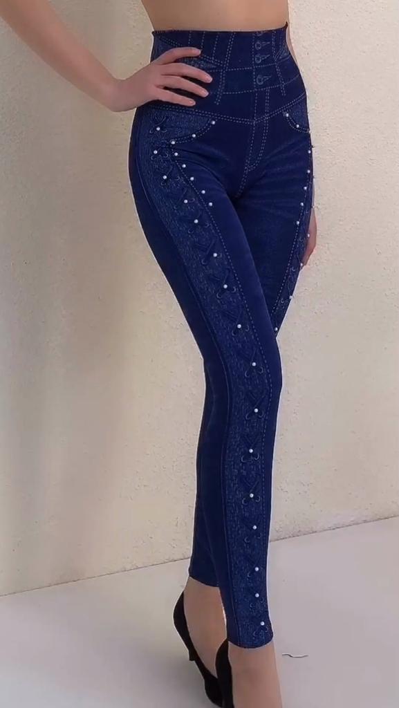 Leggings femininos com contas de cintura alta esticam calças cortadas finas