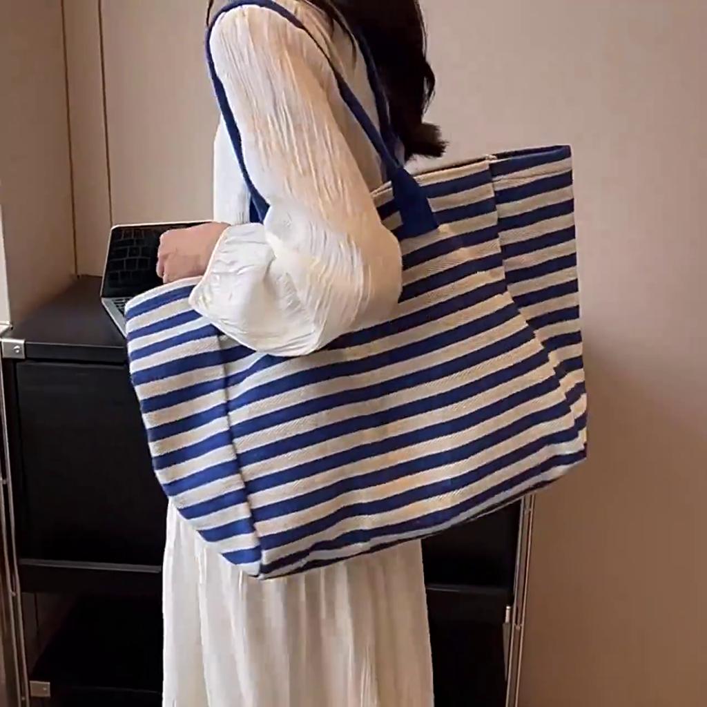 Yogodlns Women Canvas Shoulder Bag Ladies Shopping Bags High Quality Handbags Simple Stripe Design Tote Books Bag For Girls