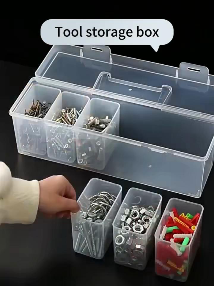 Portable Transparent Plastic Hardware Storage Box with 6 Detachable Dividers - Screws, Small Parts,Tool Storage Box