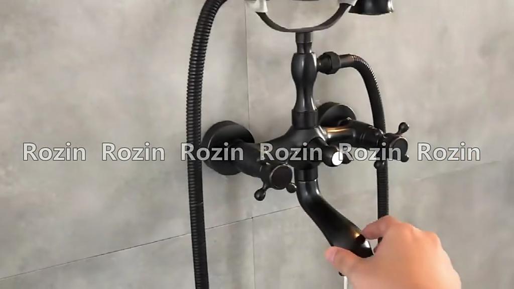 Antique Brass Bathtub Shower Faucet Set Bathroom Dual Handle Wall Mounted Bath Tub Mixer Tap with Handshower and Swivel Spout