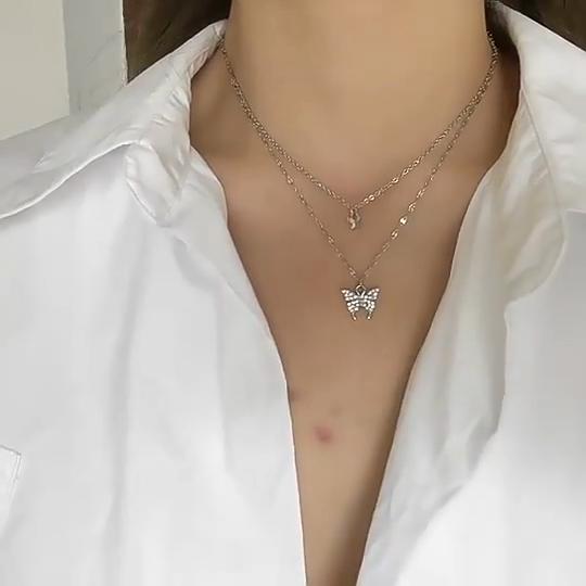 Double Layer Butterfly Necklace Sparkling Crystal Collar Chain Korean Style Minimalist Elegant Jewelry for Women