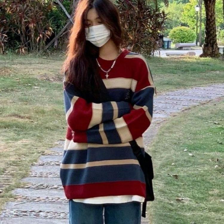 Lazy Style Sweater with Loose and High-end Knitted Stripes Women's College Style Versatile Striped Long Sleeved Top Trendy