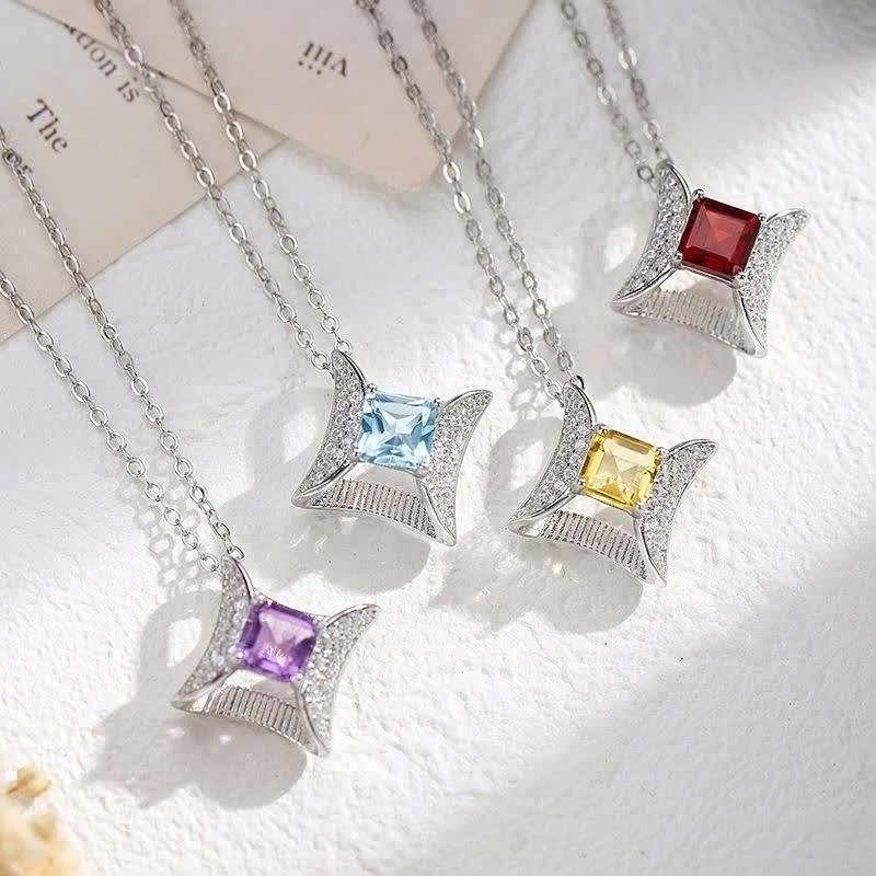 S925 Pure Silver Natural Yellow Garnet Necklace, Square Star Shaped Crystal Pendant, Luxurious Jewelry with Brushed Craftsmanship, Gift
