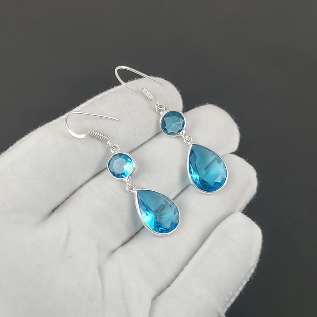 Wunderschöne Ohrringe mit blauem Topas, 925er Sterlingsilber-Ohrring, handgefertigter Boho-Silberschmuck Hängeohrringe, Valentinstagsgeschenk