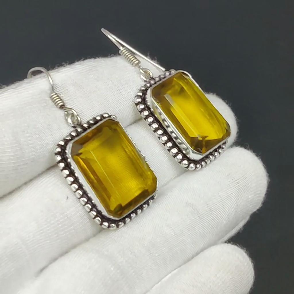 Citrine Gemstone Earring, 925 Sterling Silver Earring, Boho Silver Earring Jewelry, Bohemian Earring For Gifts, Women's Jewelry Earring
