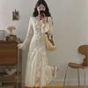French Elegant Long Sleeve Dress With Knit Fabric And Ruffle Details For Spring Fashion