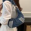 Fashion Denim Hobo Bag Ruched Strap Striped Design Zipper Closure Casual Shoulder Purse for Women