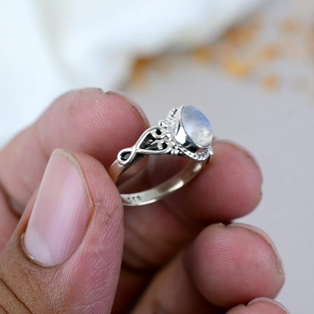 925 Sterling Silver Rainbow Moonstone Pear Shape Gemstone Ring For Women