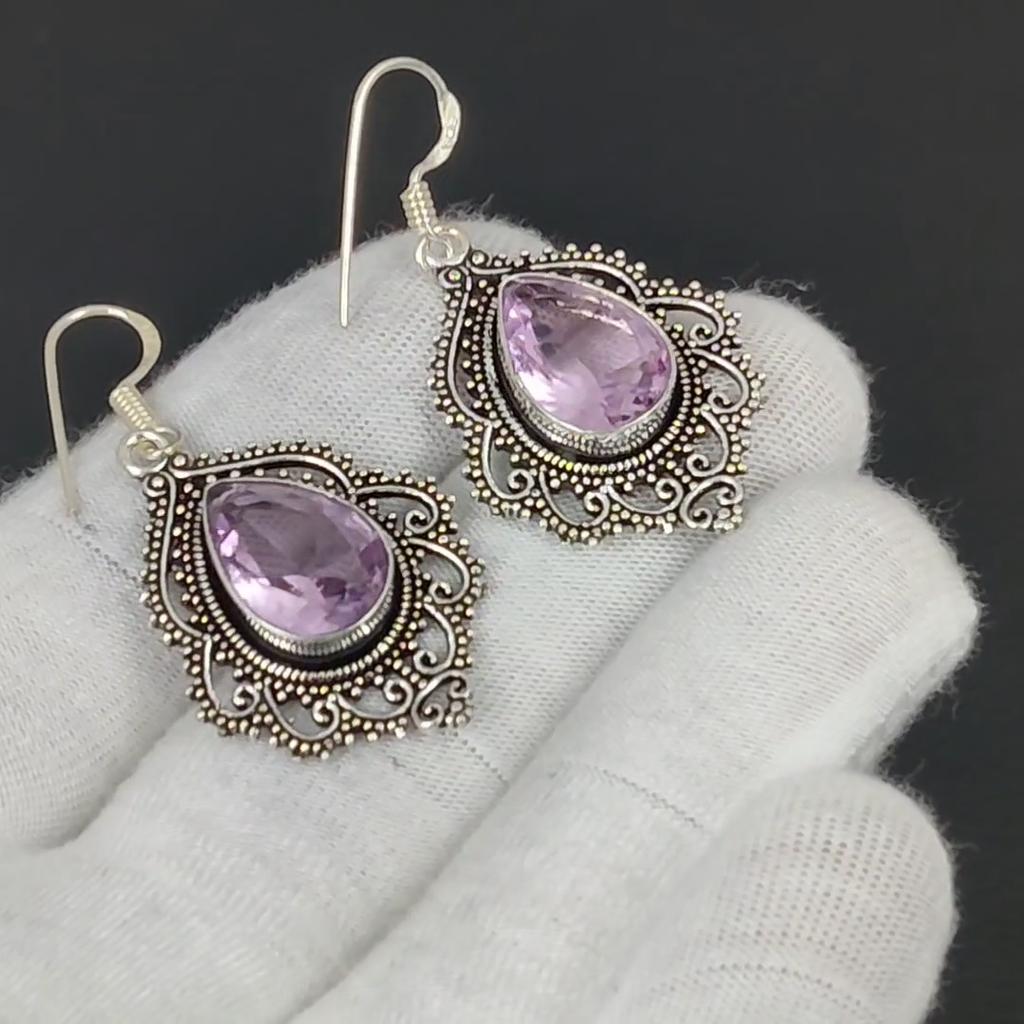 Rosa Kunzit Ohrringe, Edelstein Ohrring, Antik Rosa Kunzit Edelstein Silber Ohrring, 925 Massiv Silber Edelstein Schmuck, Edelstein Ohrring für Sie