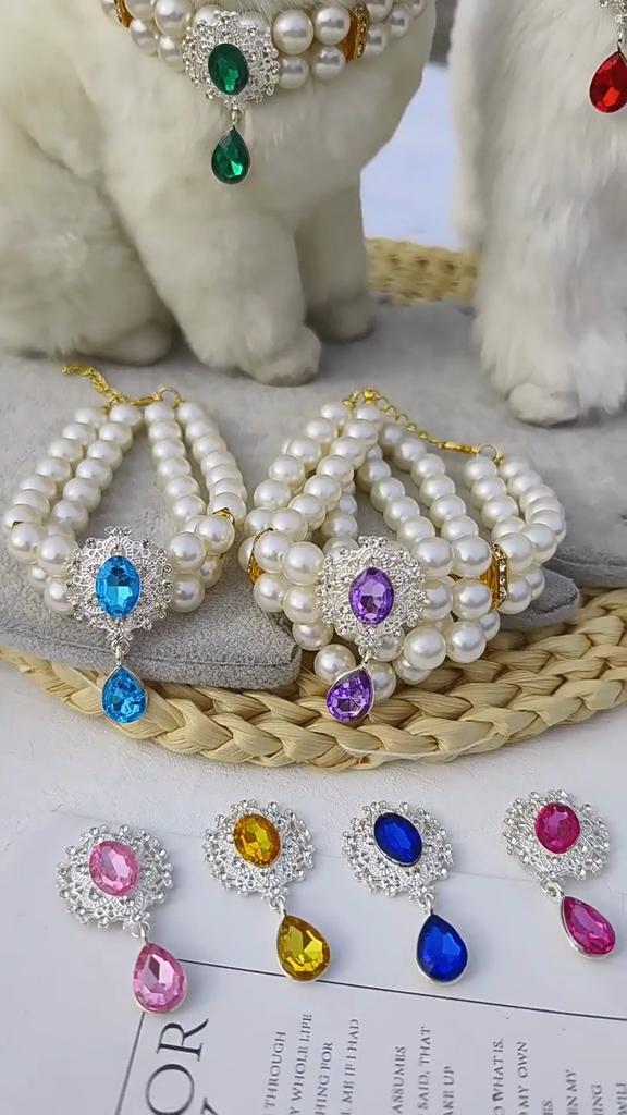 1pc Luxury Double Layer Pearl Pet Necklace with Diamond Pendant Wedding Costume Dog Cat Crystal Jewelry Accessories Pet Supplies